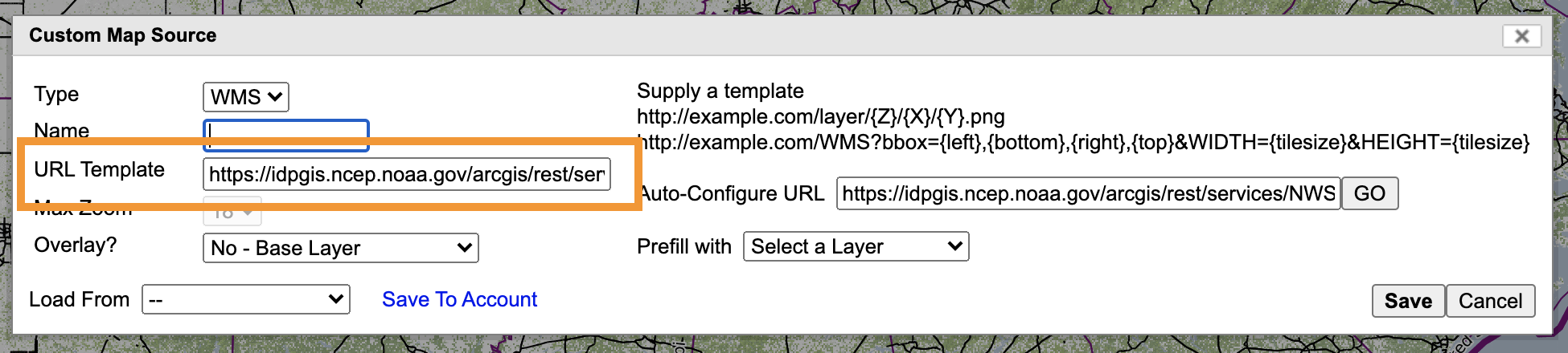 in the custom source edit box, the field for URL template has an orange box around it to make it obvious